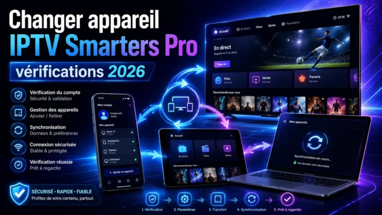 Illustration futuriste montrant le changer appareil IPTV Smarters Pro avec vérifications de compte, synchronisation et connexion sécurisée en 2026.