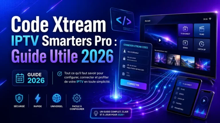 Illustration de code Xtream IPTV Smarters Pro avec interface de connexion, écran TV et guide utile 2026