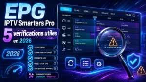 Illustration futuriste d’un guide EPG IPTV Smarters Pro avec 5 vérifications utiles pour corriger l’affichage des programmes en 2026.
