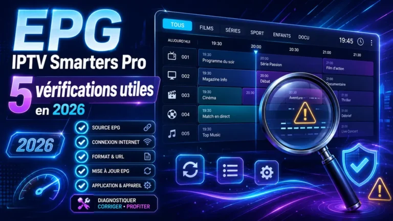 Illustration futuriste d’un guide EPG IPTV Smarters Pro avec 5 vérifications utiles pour corriger l’affichage des programmes en 2026.