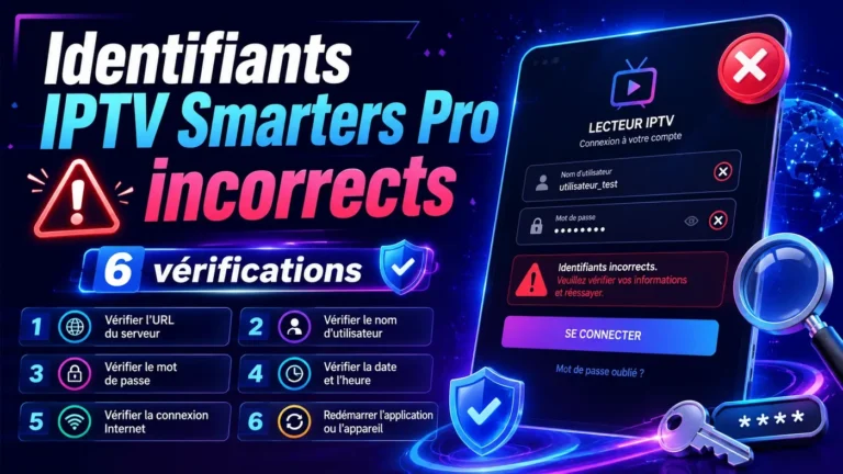 Identifiants IPTV Smarters Pro incorrects avec écran de connexion IPTV et 6 vérifications utiles