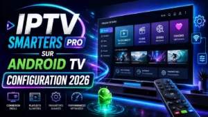 Image futuriste montrant IPTV Smarters Pro sur Android TV avec interface de configuration, paramètres, connexion et lecture IPTV en 2026.