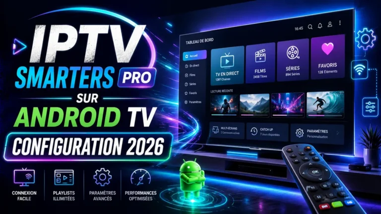 Image futuriste montrant IPTV Smarters Pro sur Android TV avec interface de configuration, paramètres, connexion et lecture IPTV en 2026.