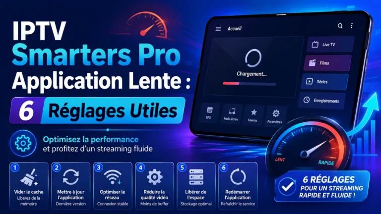IPTV Smarters Pro Application Lente avec 6 réglages utiles pour améliorer la vitesse, optimiser le réseau, vider le cache et rendre le streaming plus fluide.