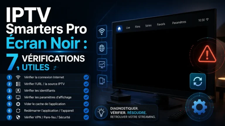 Image de dépannage IPTV Smarters Pro écran noir avec 7 vérifications utiles pour résoudre un problème d’affichage, de connexion ou de paramètres vidéo.
