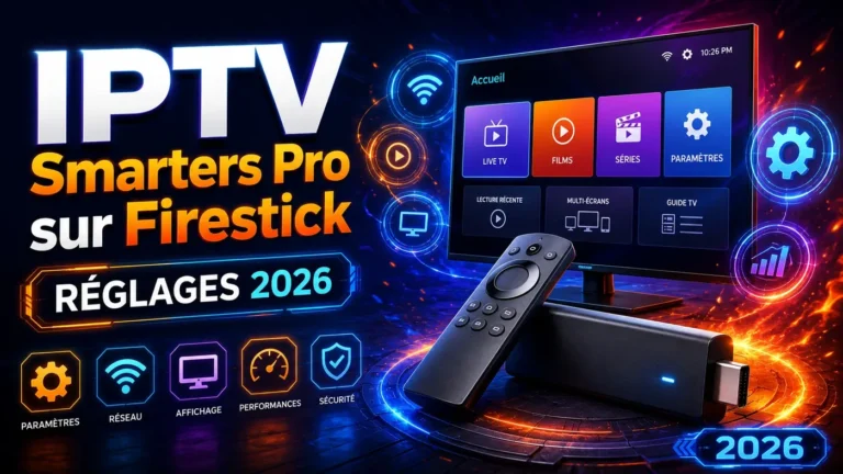 Image futuriste montrant IPTV Smarters Pro sur Firestick avec réglages 2026, interface TV, télécommande, réseau, affichage et paramètres.