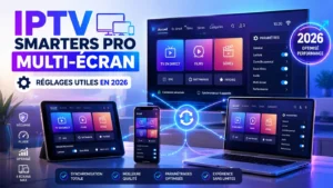 IPTV Smarters Pro multi-écran avec réglages utiles 2026, synchronisation sur plusieurs appareils, paramètres optimisés et expérience fluide.