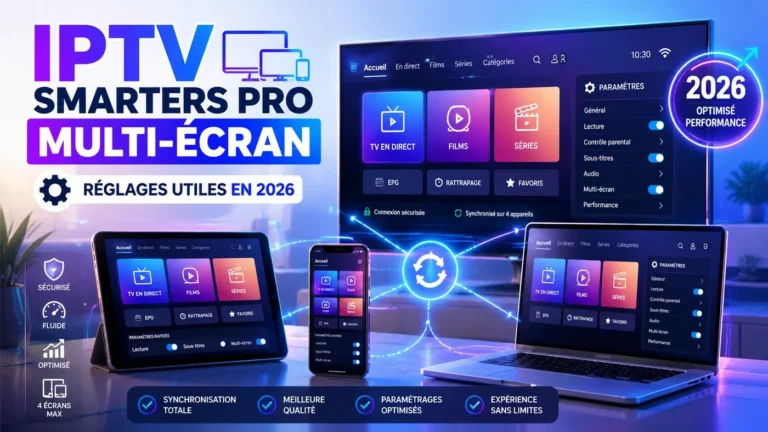 IPTV Smarters Pro multi-écran avec réglages utiles 2026, synchronisation sur plusieurs appareils, paramètres optimisés et expérience fluide.