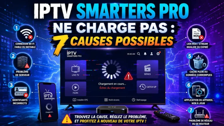 IPTV Smarters Pro ne charge pas avec écran de chargement, erreur serveur, WiFi instable, lien M3U invalide et 7 causes possibles.