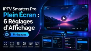 IPTV Smarters Pro plein écran avec réglages d’affichage, format d’écran, résolution et options visuelles