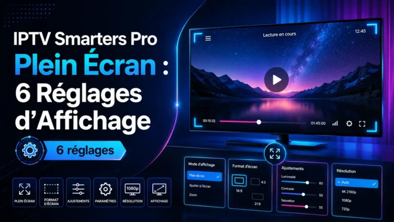 IPTV Smarters Pro plein écran avec réglages d’affichage, format d’écran, résolution et options visuelles