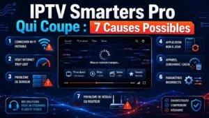 Image illustrant IPTV Smarters Pro qui coupe avec 7 causes possibles comme WiFi instable, débit lent, serveur, cache et réglages incorrects