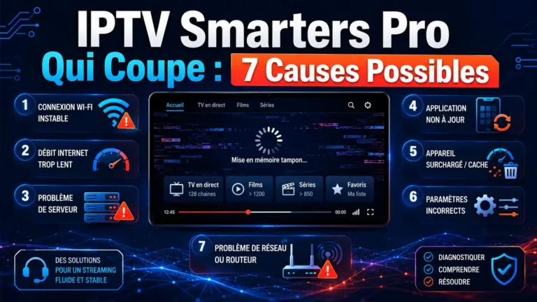 Image illustrant IPTV Smarters Pro qui coupe avec 7 causes possibles comme WiFi instable, débit lent, serveur, cache et réglages incorrects