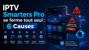 IPTV Smarters Pro se ferme tout seul avec 6 causes possibles comme cache saturé, application obsolète, mémoire insuffisante et connexion instable.
