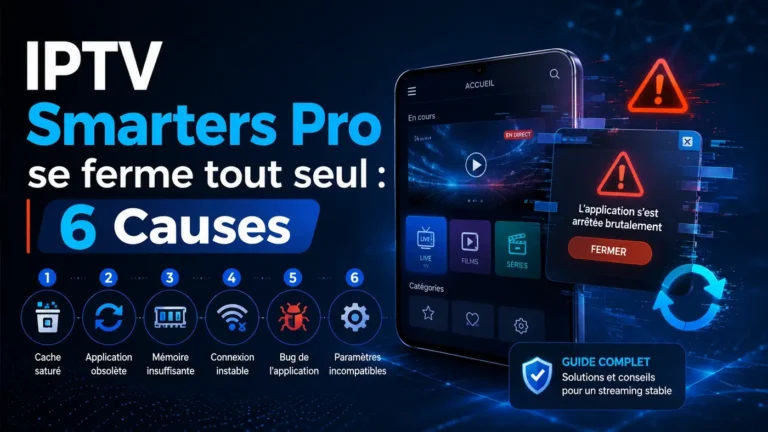 IPTV Smarters Pro se ferme tout seul avec 6 causes possibles comme cache saturé, application obsolète, mémoire insuffisante et connexion instable.