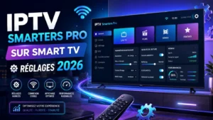 Image futuriste montrant IPTV Smarters Pro sur Smart TV avec réglages 2026, options d’affichage, connexion stable et performances optimisées.