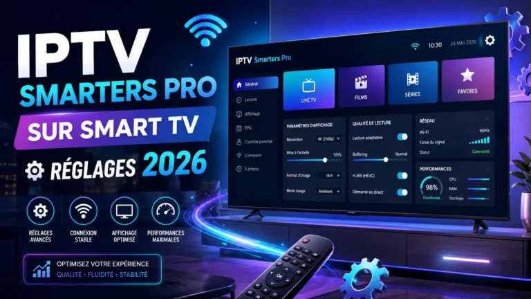 Image futuriste montrant IPTV Smarters Pro sur Smart TV avec réglages 2026, options d’affichage, connexion stable et performances optimisées.