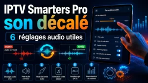 IPTV Smarters Pro son décalé avec réglages audio, synchronisation du son, décalage en ms et options audio utiles sans téléviseur.