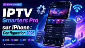 IPTV Smarters Pro sur iPhone avec interface de configuration, réglages IPTV, EPG et connexion optimisée pour 2026