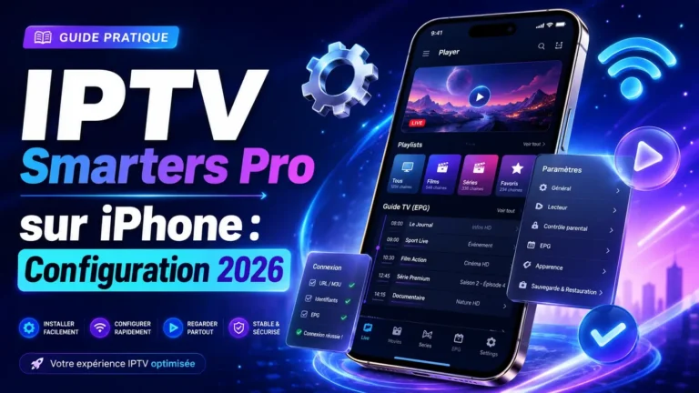 IPTV Smarters Pro sur iPhone avec interface de configuration, réglages IPTV, EPG et connexion optimisée pour 2026