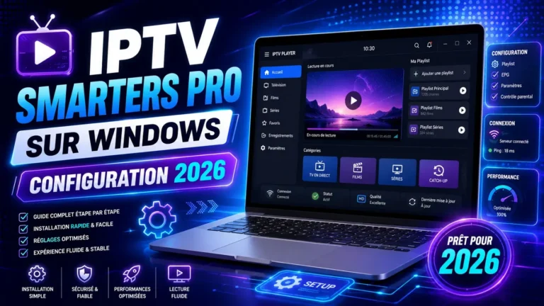 Image futuriste montrant IPTV Smarters Pro sur Windows avec interface de configuration, playlist, EPG et réglages optimisés pour 2026.