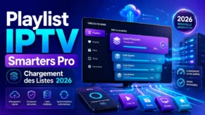 Image futuriste montrant le chargement des listes playlist IPTV Smarters Pro en 2026 avec interface, progression et synchronisation.